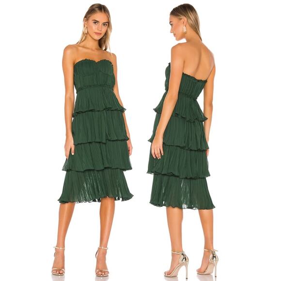 Lovers + Friends Dresses & Skirts - Lovers and Friends Alex Midi Dress Strapless Pleated Ruffle Emerald Green Sz XS